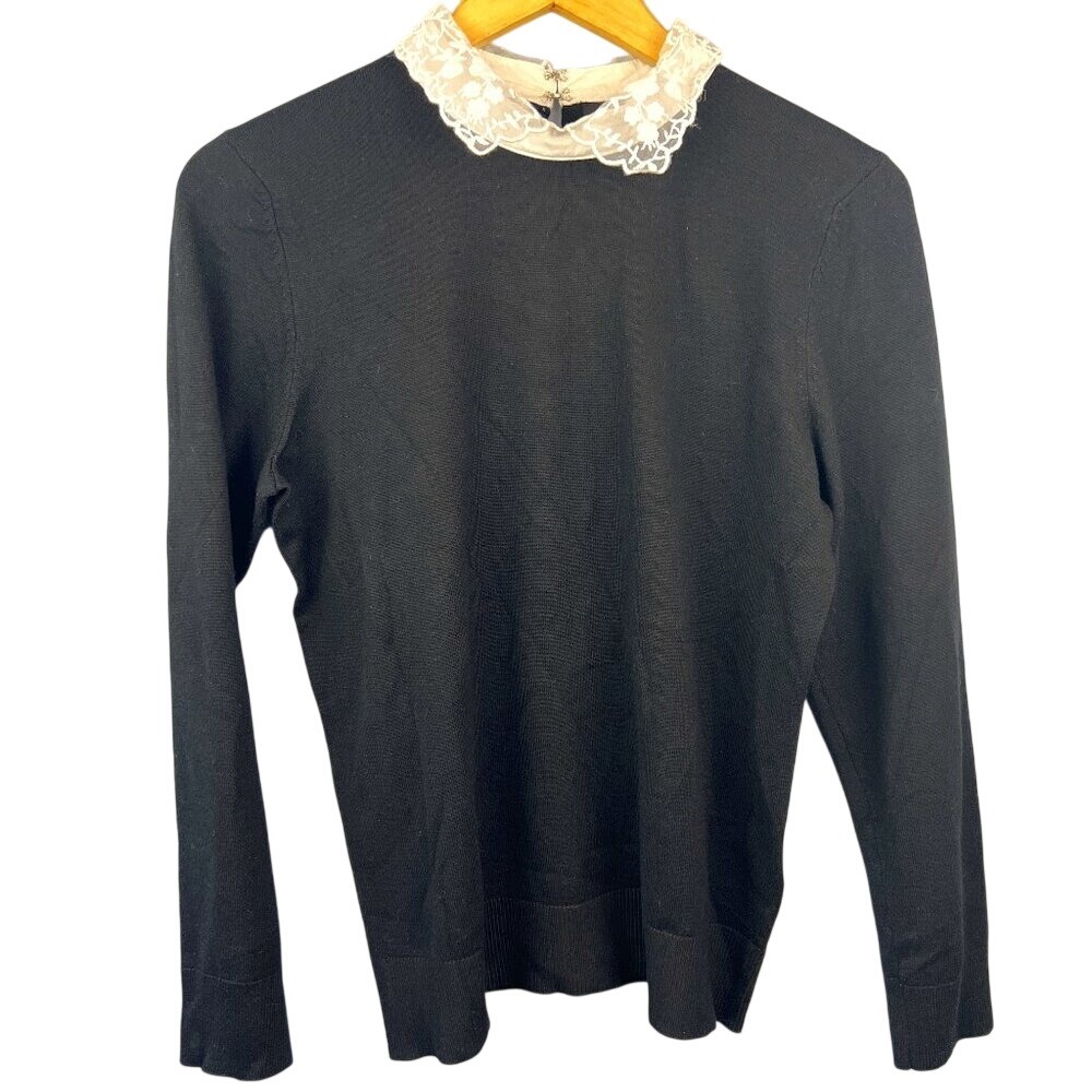 Cable & Gauge Black Sweater with Lace Collar Size M Preppy Conservative Workwear